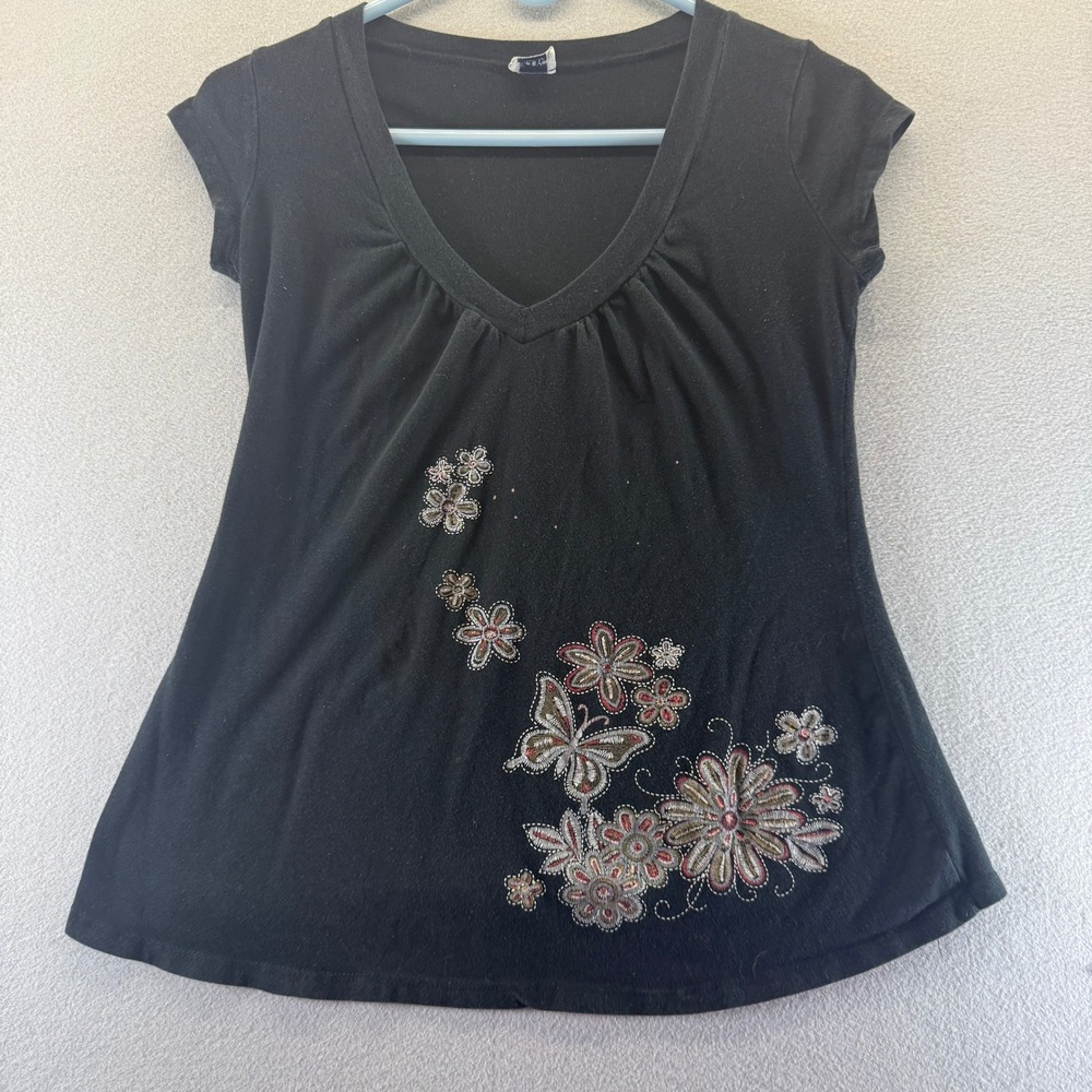 Cozy Maternity Black V-Neck Short Sleeve Floral Butterfly Embroidered Top Sz S